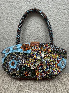 Hand-Beaded Floral Accent Clutch in Light Blue and Brown